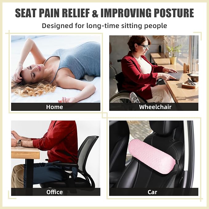 Coeyese Lumbar Roll Pillow for Lower Back Support, Light Pink, 15 * 4.3'' | Removable Pillowcase, Upgraded Adjustable Strap, Suitable for Office, Chair, Car, Seat Pain Relief & Improving Posture