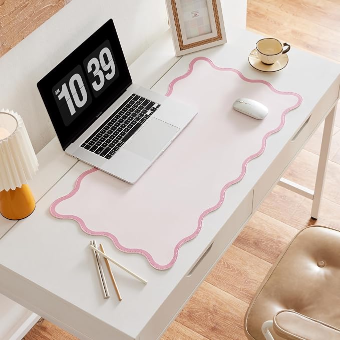 Scalloped Desk Mat, 31.5" x 15.7", PU Leather, Waterproof Anti-Slip, Cute Aesthetic Desk Pad for Office/Home/Game/Vanity (Pink, 31.5 X 15.7)