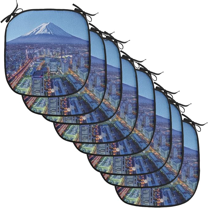 Lunarable Scenery Chair Cushion Pads Set of 8, Skyline of Mt. Hill and Yokohama Japan Financial District Mountain Volcano Landscape, Anti-Slip Seat Padding for Kitchen & Patio, 16"x16", Blue
