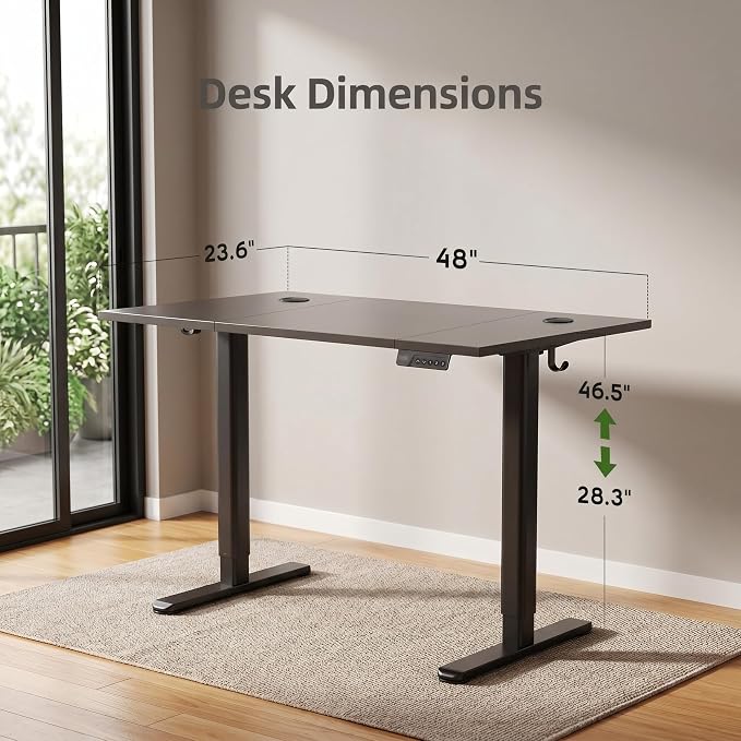 Claiks Electric Standing Desk, 48x24 Inch, Black | Adjustable height for sit-stand, 156lbs capacity, scratch-resistant surface, 3 memory presets, cable management & hook.
