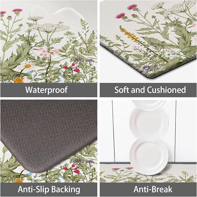 MAYHMYO Kitchen Rug Anti Fatigue Kitchen Mat Cushioned Colorful Floral Plants Cute Vintage Kitchen Rugs Non Skid Waterproof Kitchen Rugs and Mats for Floor Laundry Standing Desk Sink