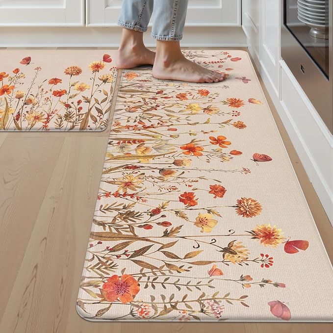 SHACOS Anti Fatigue Fall Kitchen Rugs Set of 2 Beige Orange Wild Flowers | Waterproof Non Slip Cushioned Kitchen Floor Mats Harvest Autumn Farmhouse Comfort Standing Mat 17x27.5+17x47"