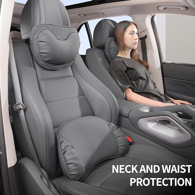 Memory Foam Lumbar Support Pillow for Car Seat, Gray, 1 Pack | Leather Lumbar Pillow for Lower Back Pain Relief - Back Cushion for Driving - Chair Support for Office Chair, Gaming Chair