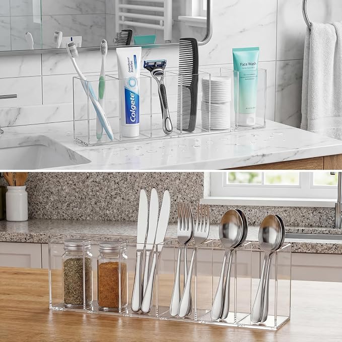 Jetec Acrylic Pen Holder 6 Compartments Makeup Brush Stationery Organizer Pencil Holder for Desk Accessories, Cosmetic Brushes, Dorm, Home, Bathroom, Kitchen, Office Supplies(Clear)