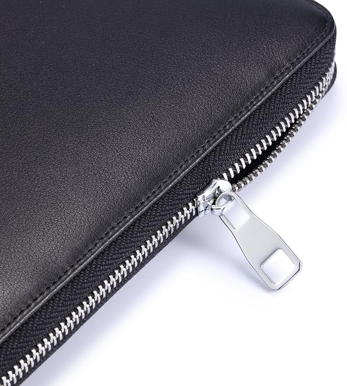 HISCOW Zip-Around Leather Junior Padfolio, 5x8 Notepad Cover, Black | Italian full-grain cowhide, top-loading legal pad holder, tablet and document sleeve, 2 card slots, rigid pen loop