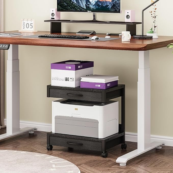 VENNQD 2-Tier Desktop Printer Stand with 2 Fabric Drawers, Prtiner Table with Storage Shelf, Desk Organizer for Home Office,3D Printer,Fax Machine,Scanner (Black, 2 Tier)