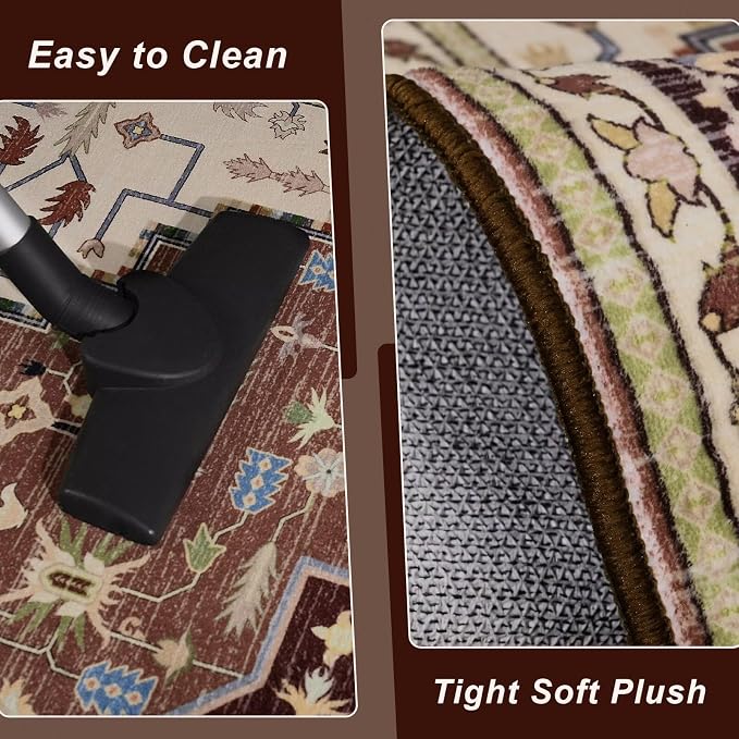 Macgace 5x7 Mousse Brown Area Rug for Living Room, Machine Washable Rugs with Non-Slip Backing for Bedroom, Vintage Medallion Carpet Dining Room Office Kids Room Decor
