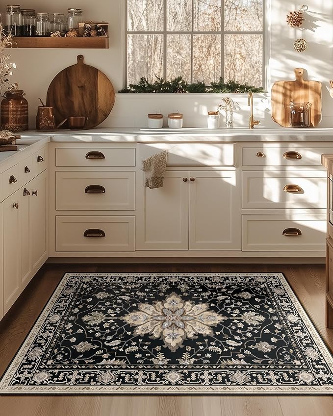 RELEANY Area Rugs 3'x4' Washable Non-Slip, Floral Vintage Distress Medallion Carpet for Living Room Bedroom Dining Room, Black Brown Neutral Dark Tan