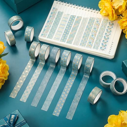 12 Rolls Watercolor Floral Washi Tape Set 15 mm Vintage Flower Decorative Masking Tape for Summer School Arts DIY Craft Scrapbook Journal Supplies Gifts(Teal Color,Art Deco)