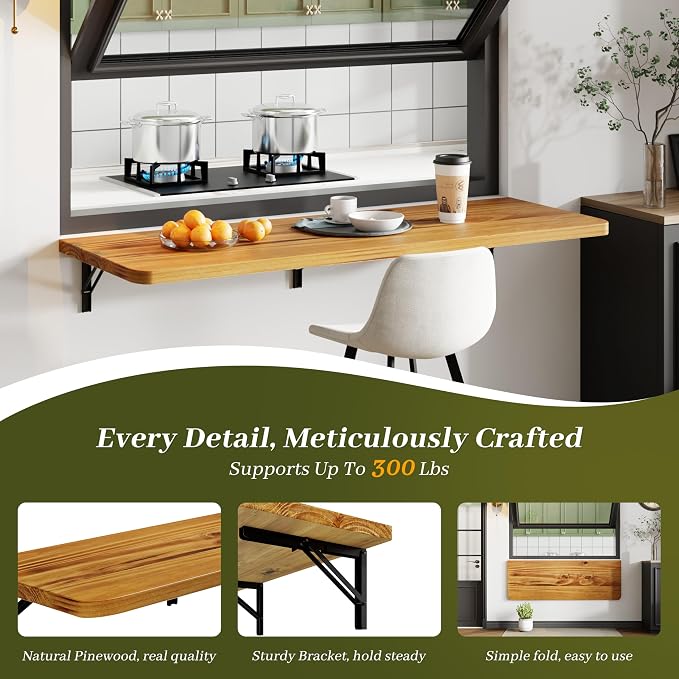 Dogsky Floating Wall Desk, 48" x 16" Wall Mounted Folding Table, Pine Wood Fold Down Wall Table, 300 lb Capacity Wall Mount Desk for Small Apartment, Laundry Room,Kitchen,Bar & Computer,Burning Yellow