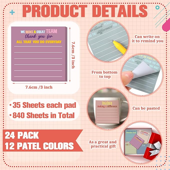Yinder 24 Pcs Inspirational Sticky Notes Thank You Gift Motivational Sticky Note Pad Employee Appreciation Gift Bulk for Staff Coworker Teacher Nurse Office Groups 3 x 3'' (Thank You,Morandi)