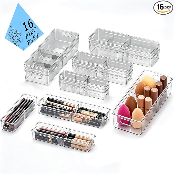 BLULEE 4-in-1 Expandable Drawer Organizer Set, Adjustable Clear Bins | with Dividers for Kitchen, Bathroom, Vanity & Office, Scalable Trays for Cosmetics, Utensils & Desk Accessories (16 Pcs)