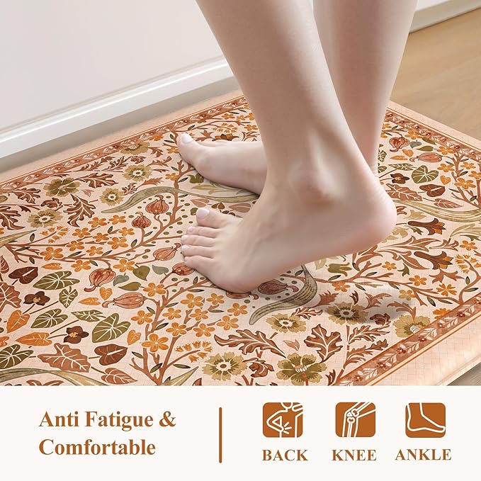Collive Anti Fatigue Mats for Kitchen Floor, Orange Fall Floral Kitchens Rugs 2 Piece Cushioned Non Slip Carpet, Comfort Standing Mat Waterproof Sink Carpets for or Bedroom, Laundry, Home Decor