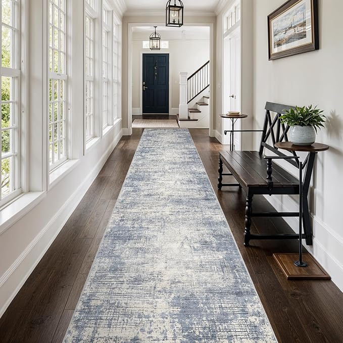 3x20 Hallway Washable Runner Rug - Non-Slip Kitchen Rugs with Rubber Backing Abstract Neutral Low-Pile Carpet Runners for Laundry Room Home Decor Bedroom Bathroom Entryway (Blue Gray,3x20)