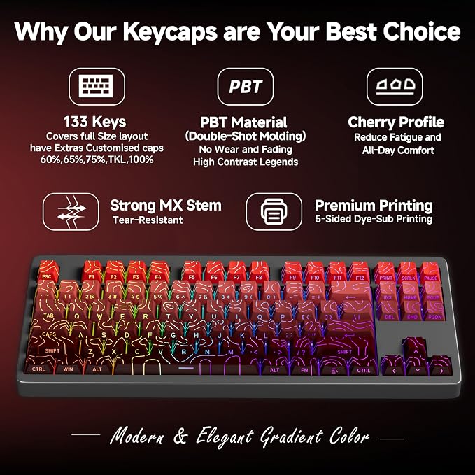 133 Aesthetic Topographic PBT Keycaps, No Tearing, Never Fade & Non-Slip, Modern RGB Backlit Red-to-Black Gradient Keycaps for Mechanical Keyboard - Ergonomic (Doubleshot, Fit for All MX Layout)
