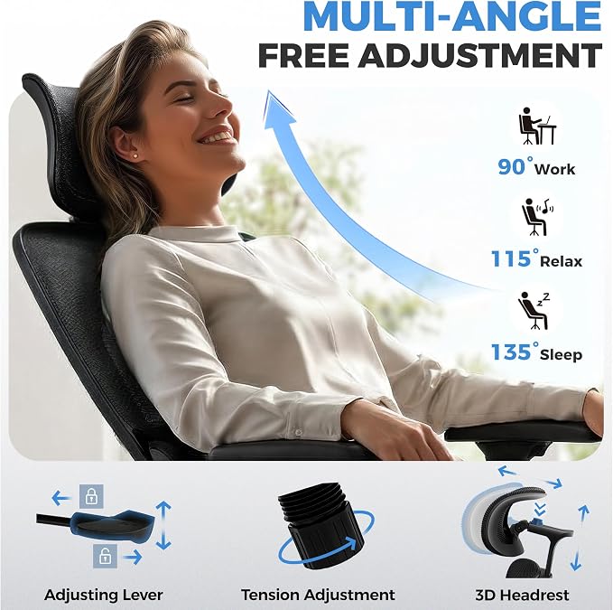 Ergonomic Desk Chair, Breathable Mesh Office Chair for Long Hours, 6 Pack | Adjustable Lumbar Support for Back Pain Relief, 4.33'' Thick Foam Cushion, 3D Headrest, Computer Chair for Home Office, Black