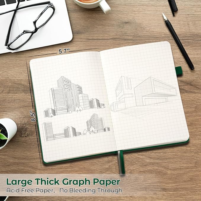 Graph Paper Notebook, Hardcover Notebook, Grid Notebook Journal for Women, Men, Large Leather Journals for Writing, Thick Paper, A5 Notebooks for Work, School Supplies, Engineering, 5.7"x8.5", Green