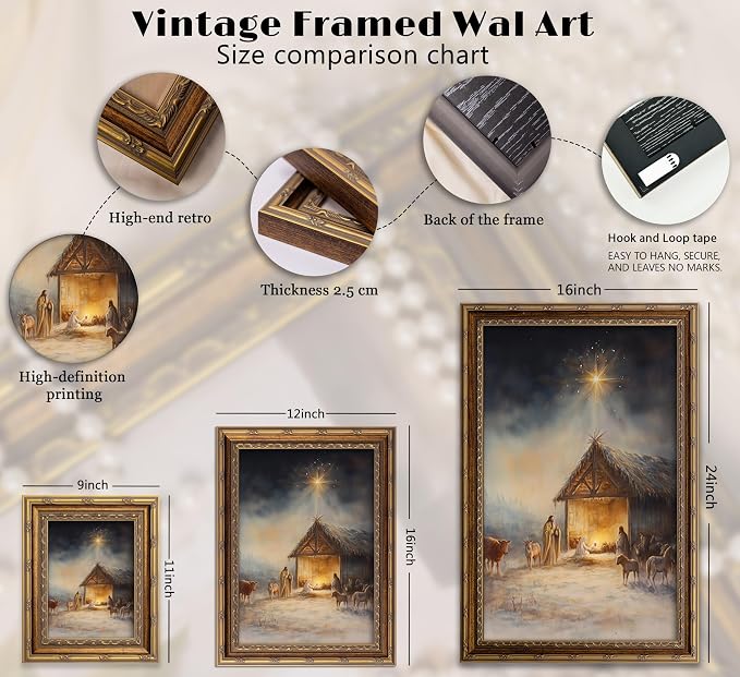 Vintage Nativity Scene Gold Framed Wall Art Birth of Jesus Christmas Christian Painting Canvas Prints Mary Joseph Holy Family Picture Star of Bethlehem Poster Artwork for Church Prayer Room, 16x24in