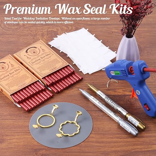 Wax Seal Kit, WASOHLING 40Pcs Metallic Red Sealing Wax Sticks with Glue Gun, Wax Seal Molds, Silicone Mat, Marker Pens, Premium Kit for Wedding Invitations Envelopes Cards (Wine Red)