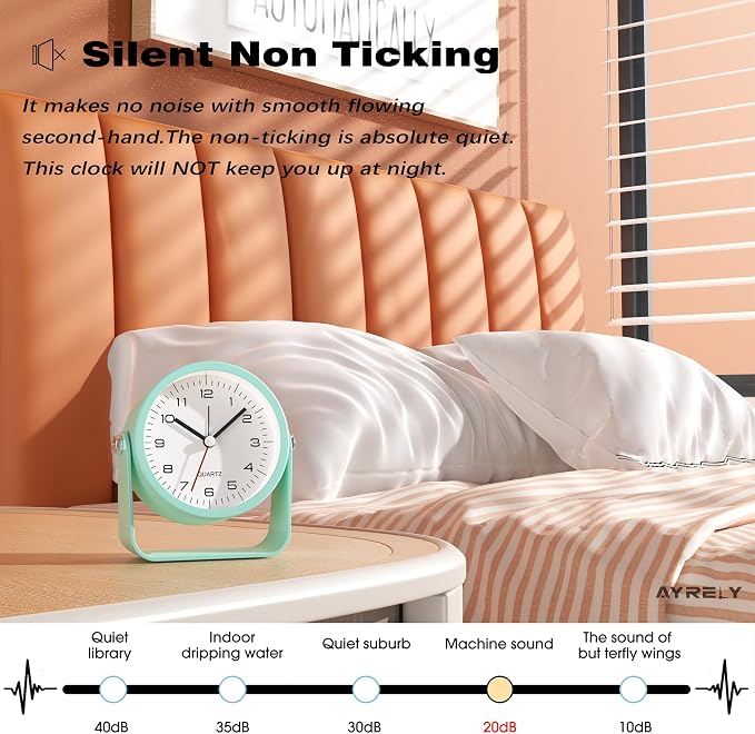 AYRELY® 3.5" Small Analog Travel Alarm Clock, Battery Operated Desk Clock | Cute Table Clock with Light, Adjustable Angle, Bedside, Bedrooms, Kids' Rooms and Living Room Decor (Light Blue)