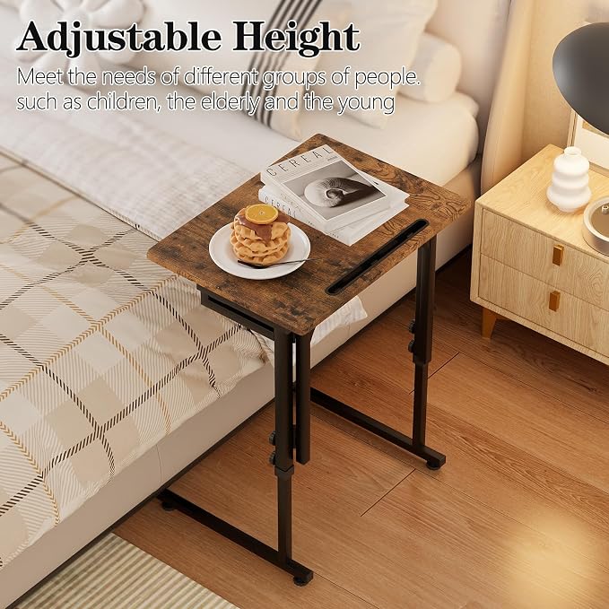 Adjustable Folding TV Tray, C-Shaped FoldableTable for Couch, Brown | Heavy-duty steel frame, No assembly needed, Height adjustable, Folds flat for storage, For Small Space, Living room