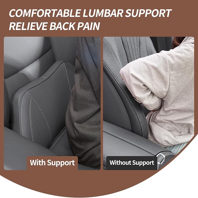 Car Lumbar Support Pillow for Driving Seat, Gray, 1 Pack | Leather Memory Foam Lumbar Cushion for Lower Back Pain Relief, Universal Back Support for Driving, Home & Office Chairs