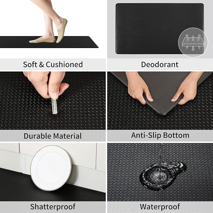 Kitchen Mats and Rugs Set of 2 - Cushioned Anti-Fatigue Kitchen Rug for Floor Washable 17"x29" +17"x59", Black
