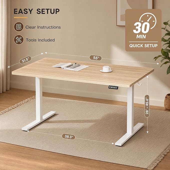 Grandder 55x32 Large Electric Standing Desk, Height Adjustable Computer Desk with 2 Memory Presets, 31.5" Deep Desktop Sit Stand Desk Home Office Desk Workstation Table with Hooks, Light Walnut
