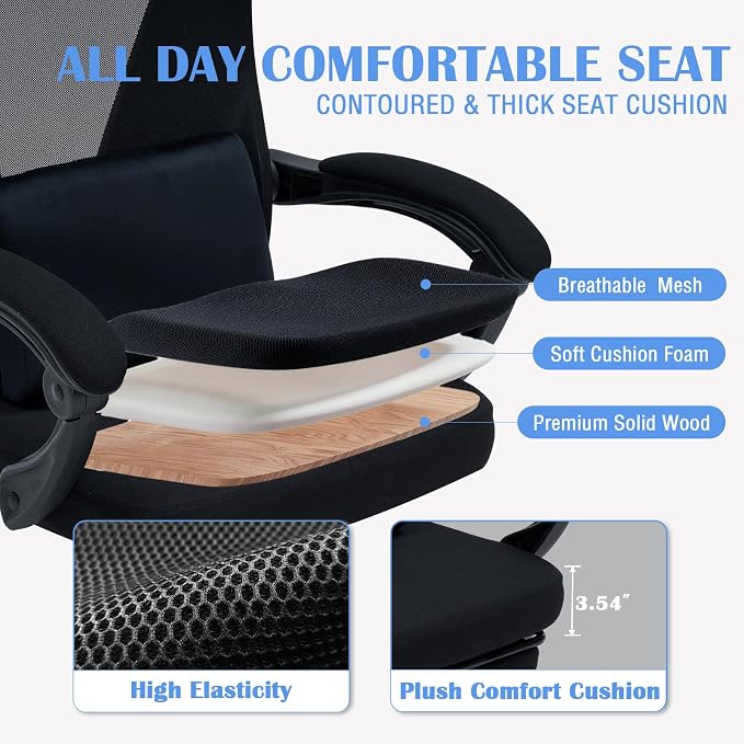 Ergonomic Office Chair with Footrest - Adjustable Lumbar Support & 3D Headrest, 90-160° Reclining Mesh High-Back Rolling Work Swivel Computer Chair-400lbs Capacity