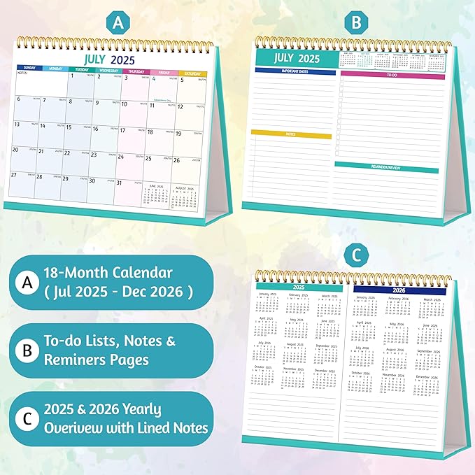 Desk Calendar 2025-2026 - Standing Flip Desktop Calendar 2025-2026, 18 Months Jul 2025 - Dec 2026, 10" x 8", Large with Notes, To-Do, Yearly Overview, Thick Paper, Great for Easy Planning - Multicolor