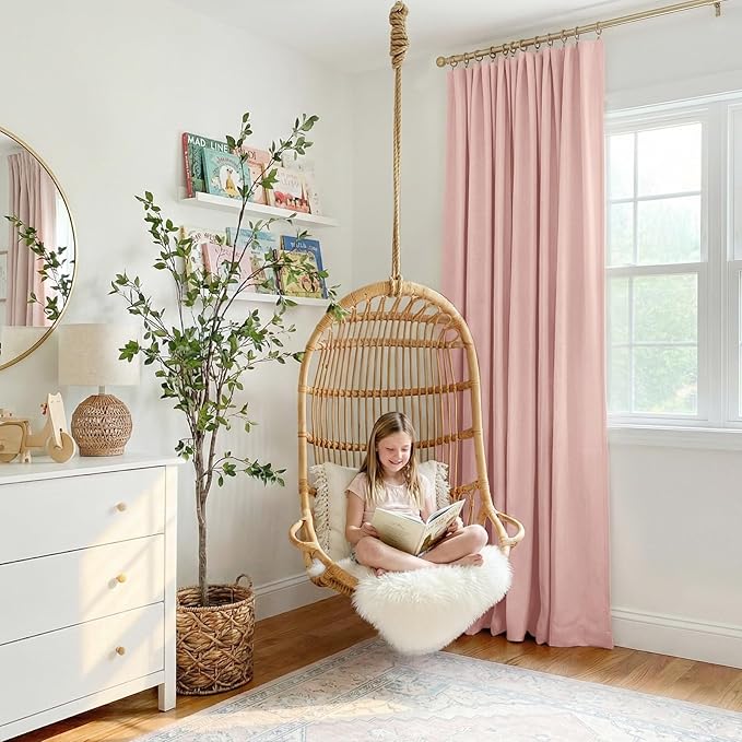 INOVADAY 100% Blackout Curtains for Bedroom, Blush Pink Black Out Curtains 96 Inch Long, Clip Rings Linen Blackout Drapes, Thermal Insulated Room Darkening for Living Room, 1 Panel - W102xL96