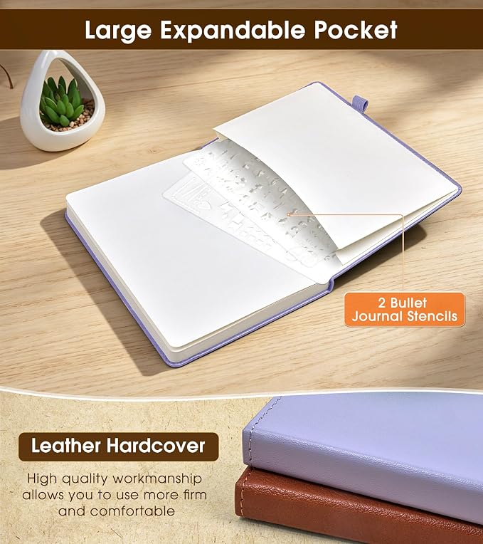 Dotted Journal Notebook, A5 Leather Hardcover, 160 Pages, 180° Lay-Flat Binding, 100 GSM Thick Paper, Dot Grid for Bullet Journaling, Planning & Daily Organization (Purple)