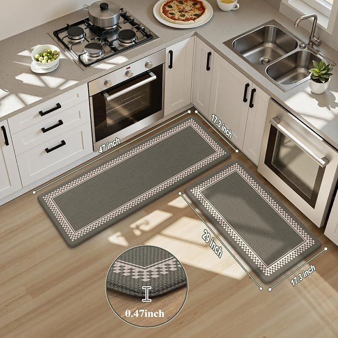 KIMODE Anti Fatigue Mats for Kitchen Floor Checkered Kitchen Rugs Sets of 2 | Sage Green Cushioned Kitchen Floor Mats Non Slip,Farmhouse Standing Mat for Sink Laundry Office Desk Dorm 17"x47"+17"x29"