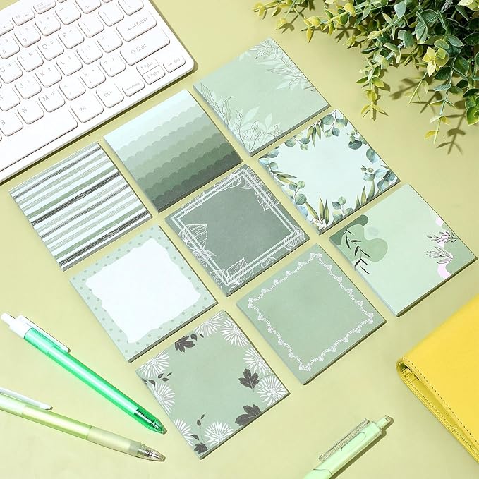 9 Pcs Aesthetic Sticky Notes Cute Pastel Self Stick Notepads Easy to Post Desk Supplies for Home Office Decor School Accessories Women Birthday Coworker Gifts (Green)
