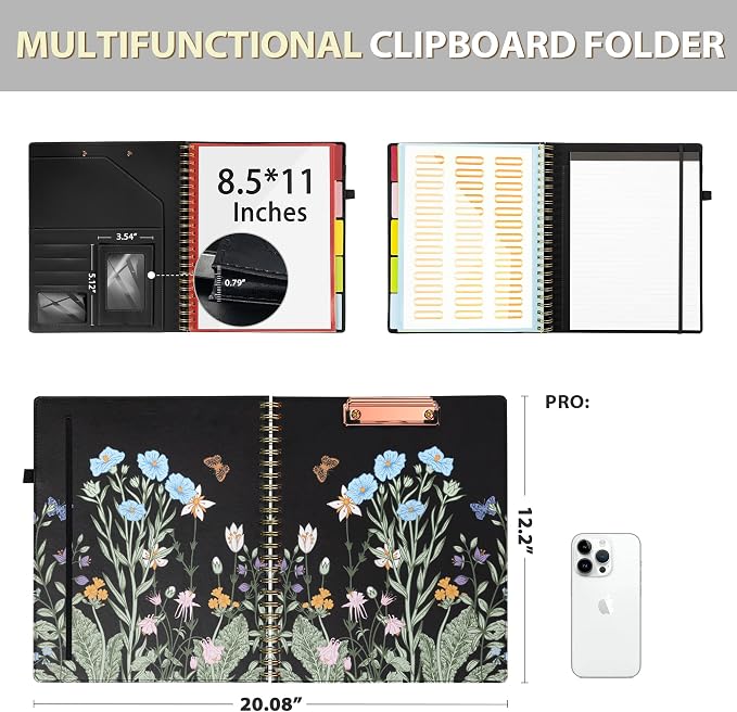 Ospelelf Clipboard with Storage for Women, Leather Padfolio Portfolio Organizer 5 Folders with 10 Pockets, Spiral Clipboard Folio with Notepad for Letter Size, Elastic Closure and Pen Loop Floral