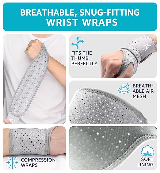 HiRui Breathable Wrist Brace (2 Pack) for Relieve Wrist Pain from Carpal Tunnel, Arthritis, Tendonitis, Sprain, TFCC | Adjustable Wrist Wraps Support for Weightlifting, Tennis - Fits All (Gray)