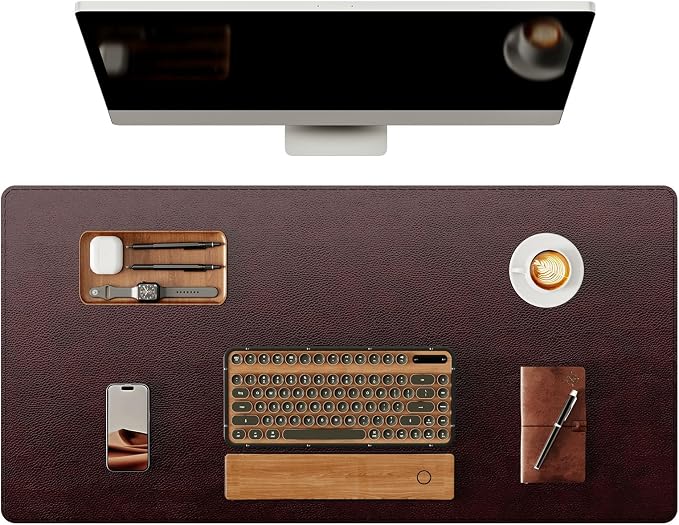 YSAGi Genuine Leather Desk Mat, 31.5"x15.8"Office Desk Pad, Thick Desk Pad Mat with Stitched Line, Non-Slip Desk Mat with Rubber Base (Red Brown, 31.5"x15.8")