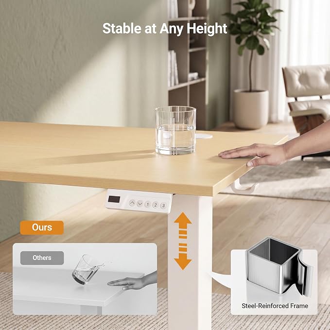 Claiks Electric Standing Desk, 55x24 Inch, Nature | Adjustable height for sit-stand, 156lbs capacity, scratch-resistant surface, 3 memory presets, cable management & hook.