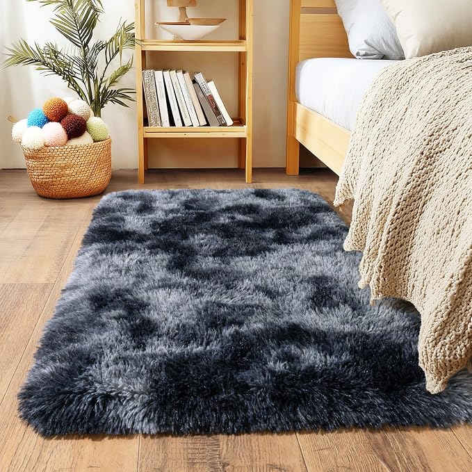 2x3 Small Rugs for Bedroom, Soft Fluffy Shaggy Bedside Area Rugs for Living Room, Indoor Floor Carpet for Kids Girls and Boys, Nursery Rooms, Home Decor Aesthetic, Tie-Dyed Blue Grey