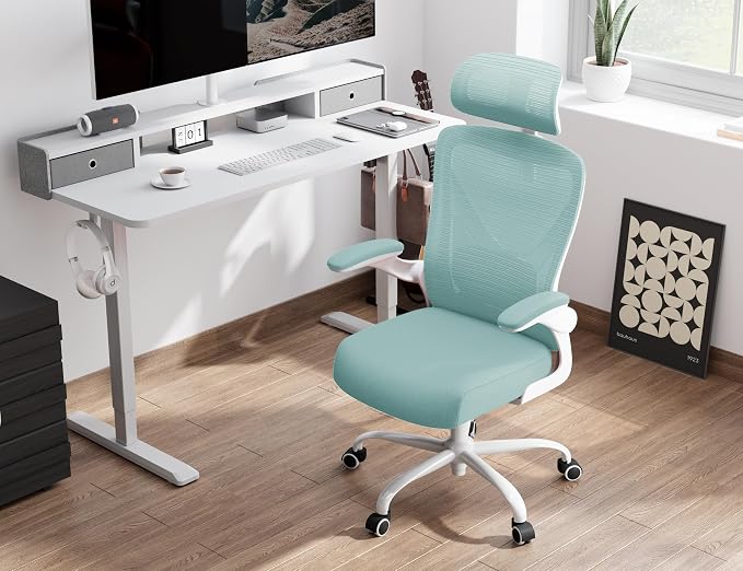 Ergonomic Office Chair: Mesh Desk Chair Comfy with Headrest& Lumbar Support | Ergalithic Big and Tall Office Chairs with Wheels & Flip-Up Arms-Computer Gaming Chairs for Adults Home Office(Lake Blue)
