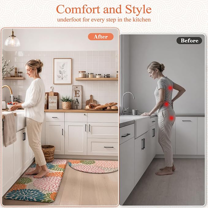 KIMODE Half Circle Anti Fatigue Mats for Kitchen Floor Rug Sets of 3 | 18"x28+18"x47"+18"x59",Orange,Dahlia Floral Boho,Half Round,3PCS,Non Slip,Waterproof,for Sink Office Laundry Bathroom Decor