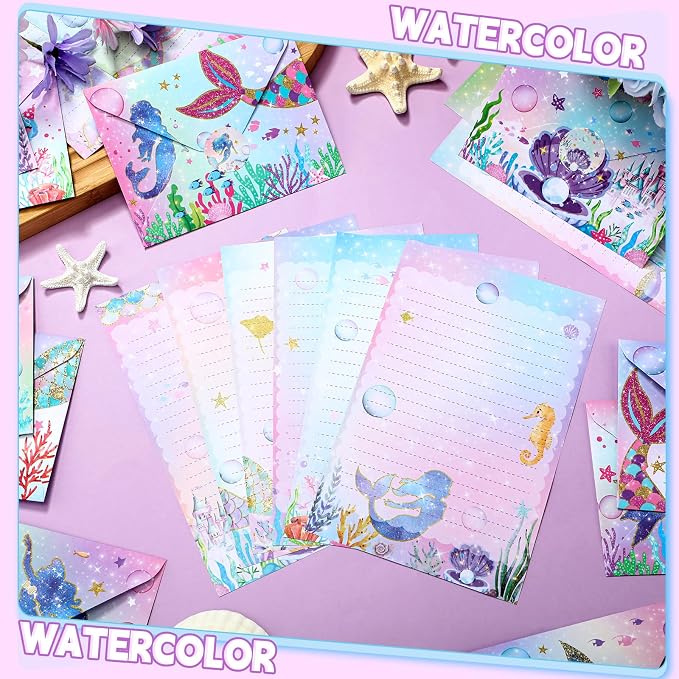 TaoBary 160 Pcs Stationery Paper Set 50 Double Sided Stationery Papers with 50 Matching Envelopes and 60 Round Dot Sticker, 10 Design(Mermaid,5.5 x 8.25 Inch)