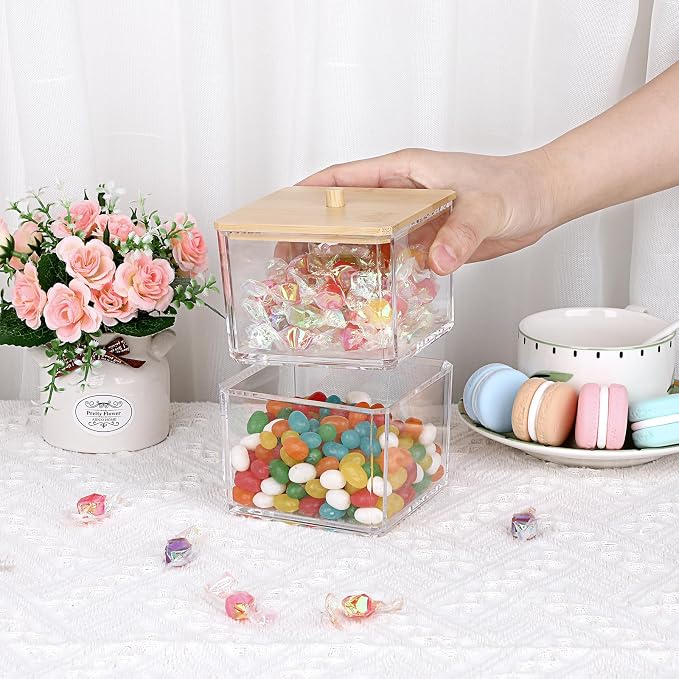 BTSKY Clear Stackable Paper Clip Holder with Bamboo Lid 2-Layer Paperclip Box Thick Acrylic Office Supply Accessory Organizer Square Small Storage Holder Cute Qtip Holder for Office Bathroom Vanity