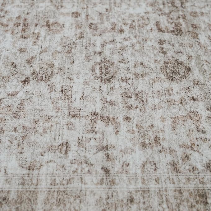 Living Room Washable Area Rugs 4x6 - Ultra-Thin Home Decor Mat for Bathroom/Nursery/Office-Vintage Soft Bedroom Carpets with Non Slip Backing Stain Resistant Rug for Household Women 4x6 Beige Brown