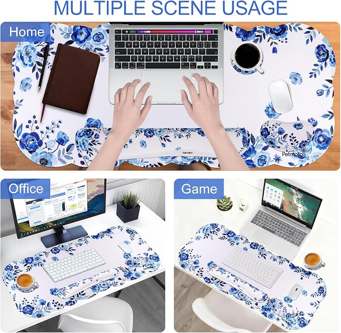 Petmolico Desk Pad Set with Wrist Rest for Keyboard & Mouse, Blue Flower | Anti-slip PU base, durable Lycra & memory foam, relieves wrist fatigue, perfect for work, home & daily use