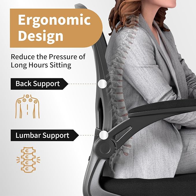 Youhauchair Adjustable Mesh Ergonomic Office Chair with Wheels, Black | Flip-up Arms, Lumbar Support, Home Desk Chair, Height Adjustable, Breathable, Mid Back Swivel Compurter Chair, Set of 1