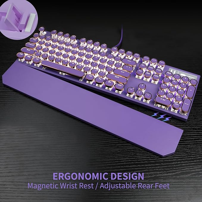 Camiysn Typewriter Style Mechanical Gaming Keyboard, Purple Retro Punk Gaming Keyboard with White Backlit, 104 Keys Blue Switch Wired Cute Keyboards, Round Keycaps for Windows/Mac/PC