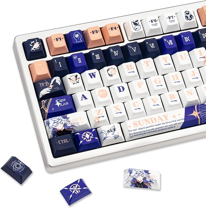 PBT Material Keycaps 130 Keys，Japanese Anime Style Keycaps Cherry Profile Dye Sublimation Keycap Blue White Custom Key Cap Set for Mechanical Keyboard 61/64/75/84/87/104/108 Layout
