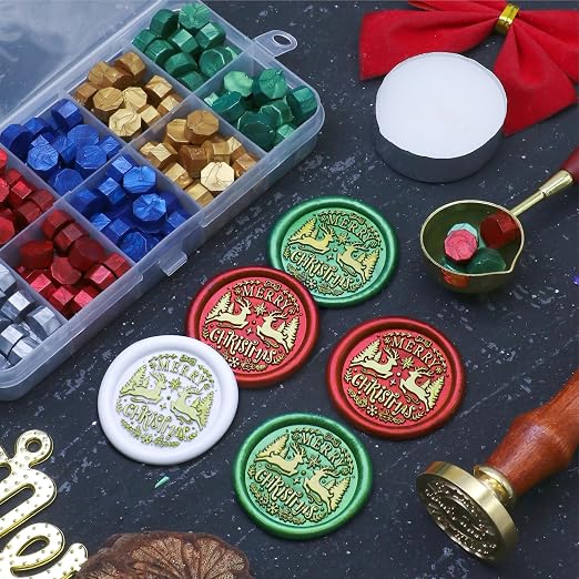 SWANGSA Merry Christmas Reindeer Wax Seal Stamp Kit with 200pcs Sealing Wax Beads, Great for Embellishment of Christmas Cards, Invitations, Wine Packages, Gift Wraps