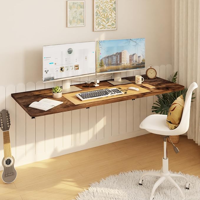 IAE Wall Mounted Floating Foldable Desk, 48" x 22" Folding Computer Workstation Table with Engineered Wood and Metal Shelf Brackets,Fold&Floating Design for Home Office, Apartment,Laundry Room,Rustic
